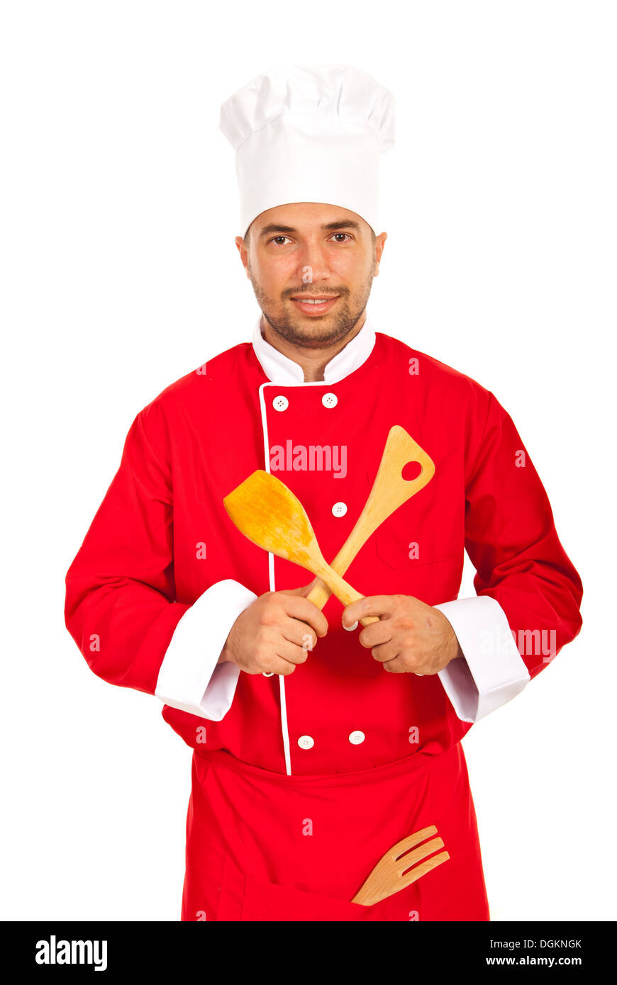 Koch männlich halten Holzutensilien isoliert auf weißem Hintergrund Stockfoto