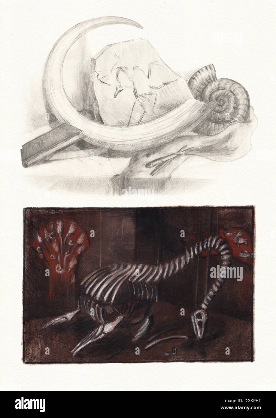 Stillleben mit Fossilien und Dinosaurier-Knochen. Es ist ein Bleistift Zeichnung & Sepia getönt Stockfoto