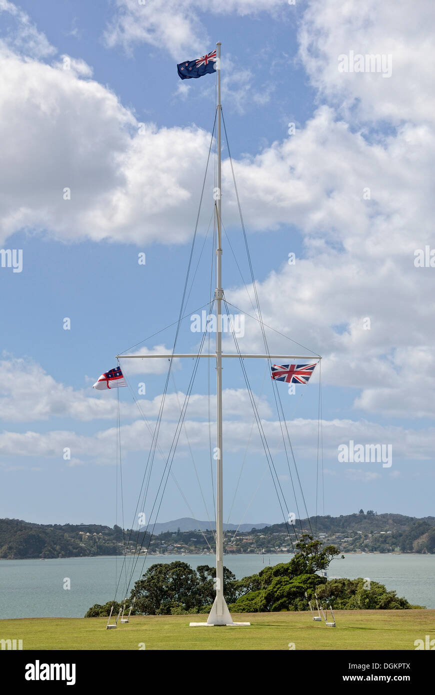 Fahnenmast, Waitangi Treaty Grounds, Waitangi, Nordinsel, Neuseeland Stockfoto