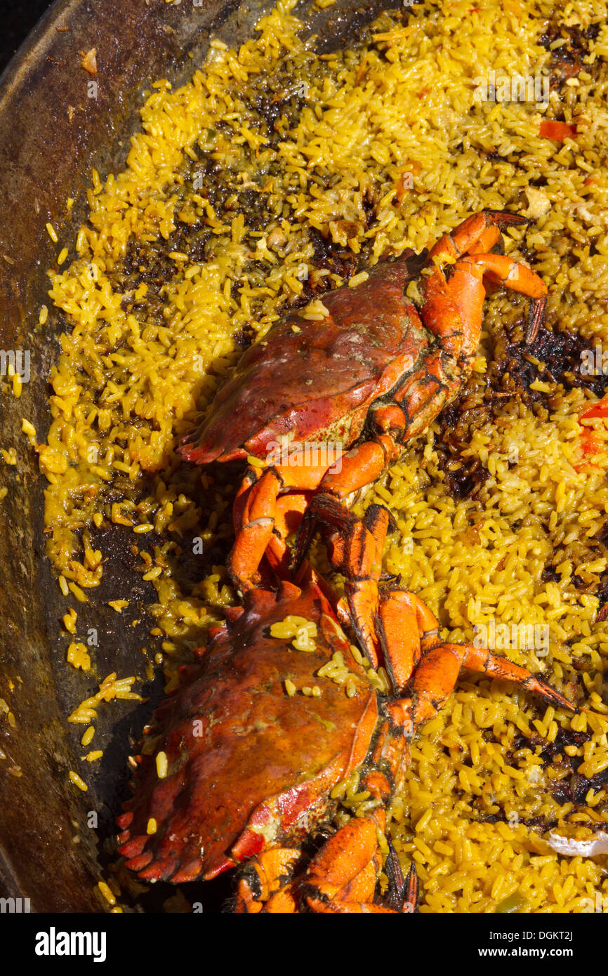 Krebse kochen auf einem Reisbett für Paella auf einem Meeresfrüchte-Festival in Santa Barbara, Kalifornien Stockfoto