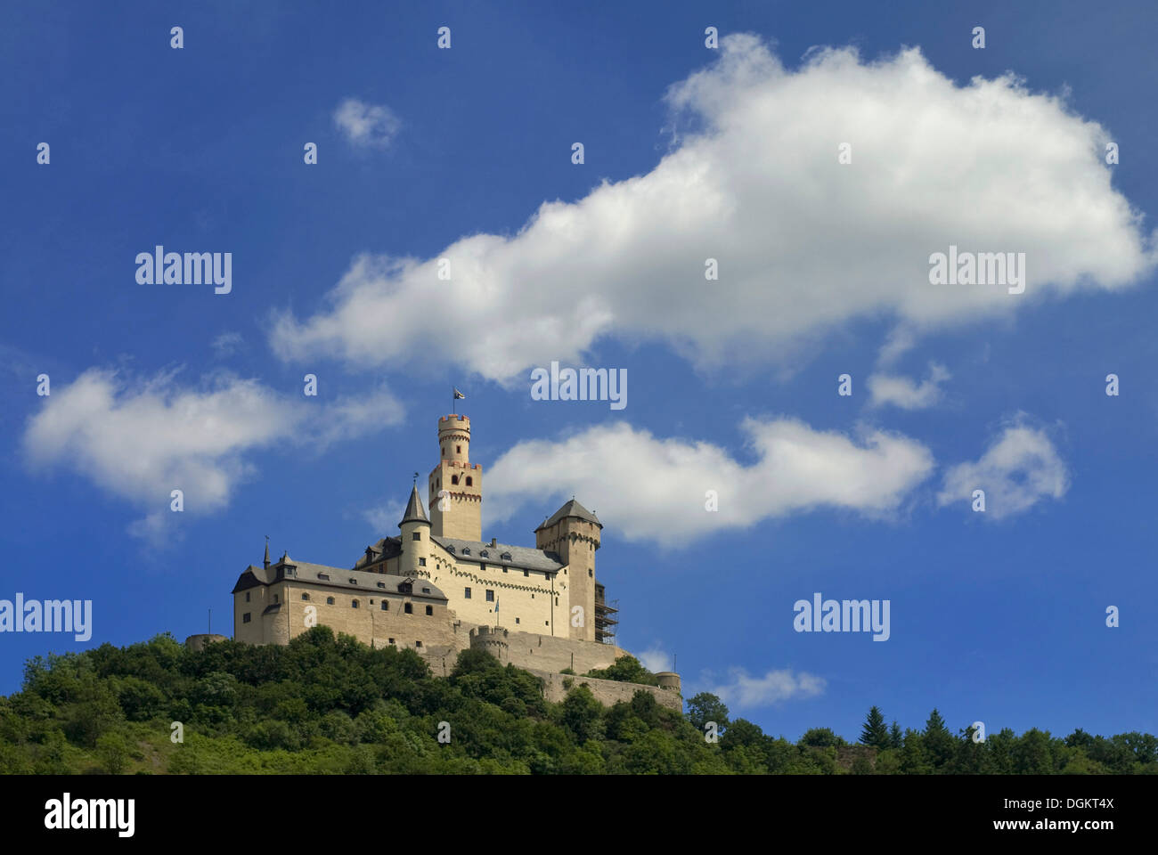 Romantische Marksburg Burg oberhalb der Stadt Braubach, Headoffice der Bundesverband Burg, DBV, obere UNESCO Stockfoto