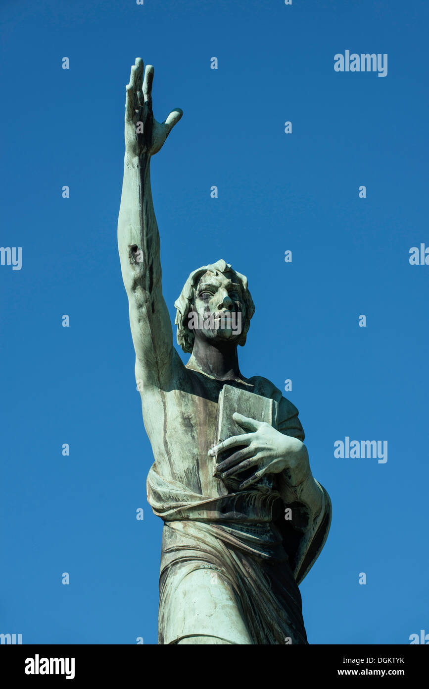 Görres-Denkmal, erhoben Hand und buchen Sie in seinen Arm, Journalist Joseph Görres, Rheinanlagen Koblenz, Rheinland-Pfalz Stockfoto