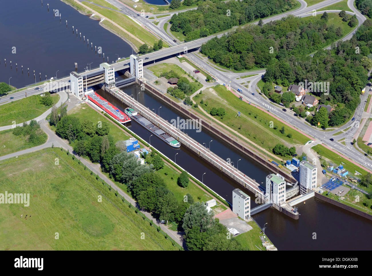 Luftaufnahme, Geesthacht Sperre auf dem Fluss Elbe, Geesthacht, Schleswig-Holstein, Deutschland Stockfoto