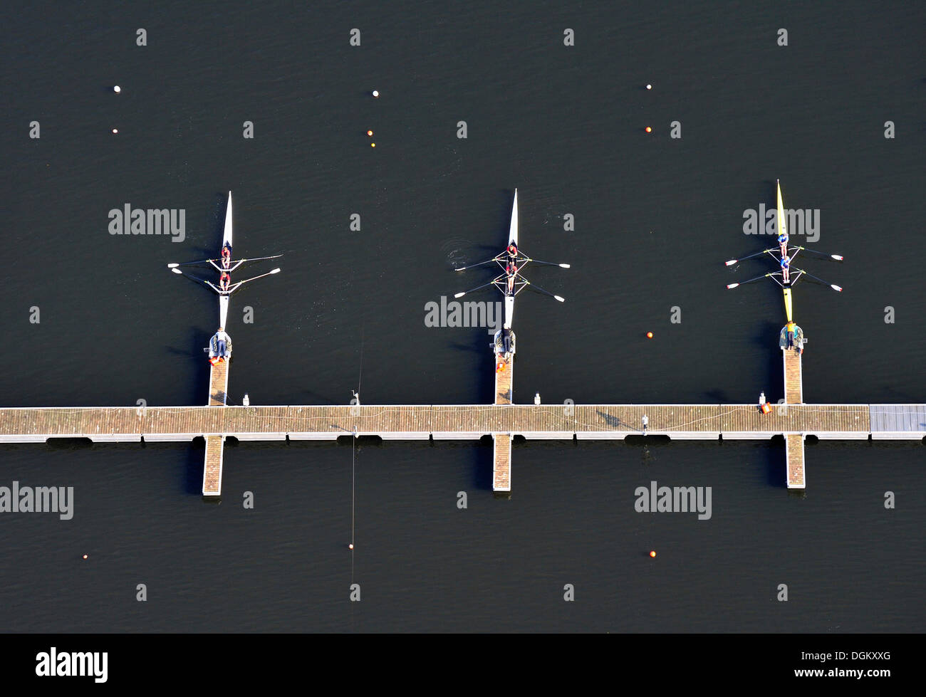 Luftaufnahme, Rudern Wettbewerb, Ruderboote zu Beginn, Allermoehe Regatta Centre, Allermöhe, Hamburg, Hamburg, Deutschland Stockfoto