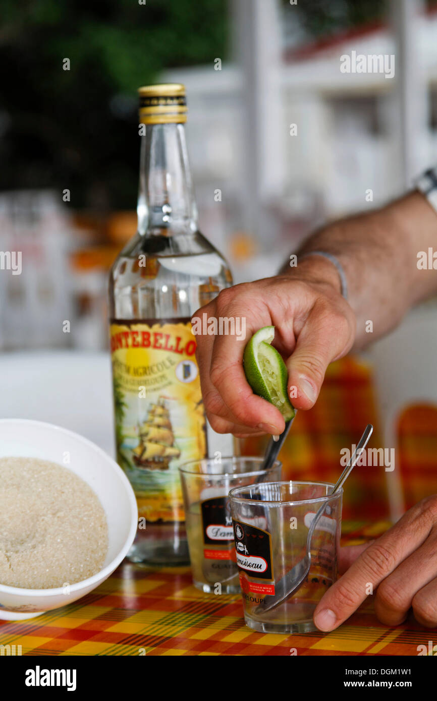 Ti Punch, Nationalgetränk mit Kalk, Zucker und Rum vorbereitet, Guadeloupe, Karibik, Kleine Antillen Stockfoto