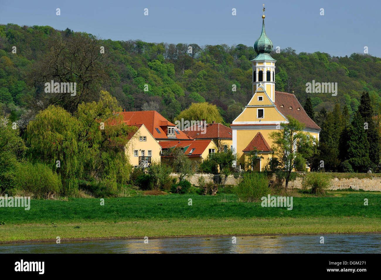 Schifferkirche Maria am Wasser-Kirche an der Elbe, Hosterwitz-Pillnitz bei Dresden, Sachsen Stockfoto