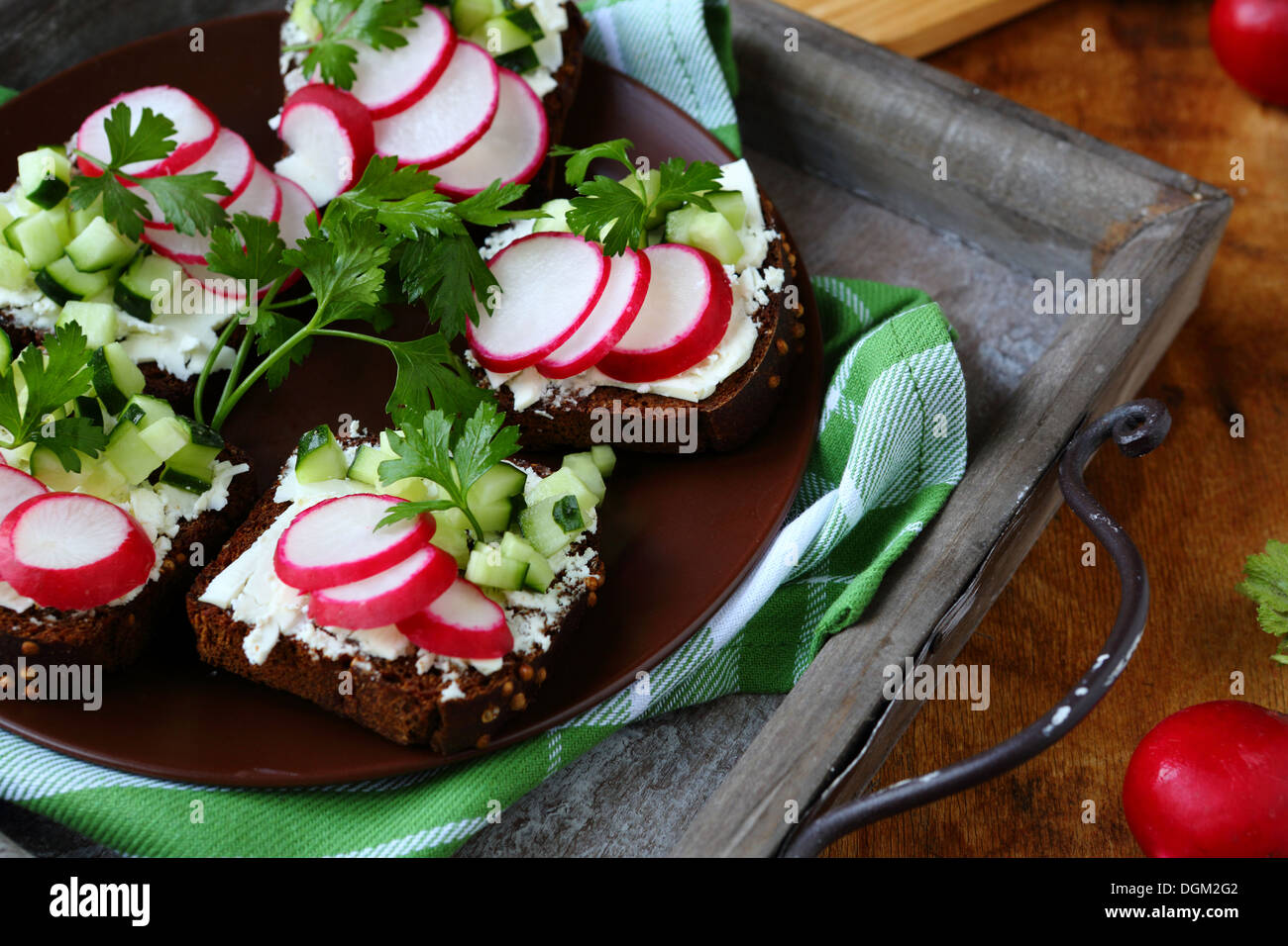 Bruschetta mit Frischkäse und Radieschen auf dem Teller Essen Nahaufnahme Stockfoto