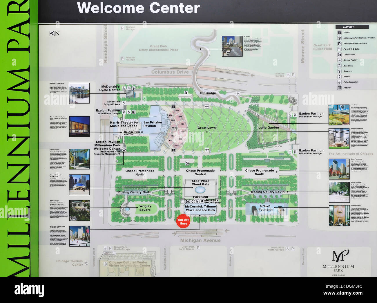Besucher Informationen Karte, Millennium Park, Chicago, Illinois, Vereinigte Staaten von Amerika, USA Stockfoto