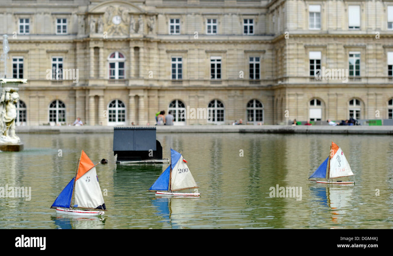 Miniatur-Segelboote vor Palais du Luxembourg, Luxembourg Garten, Paris, Frankreich, Europa Stockfoto