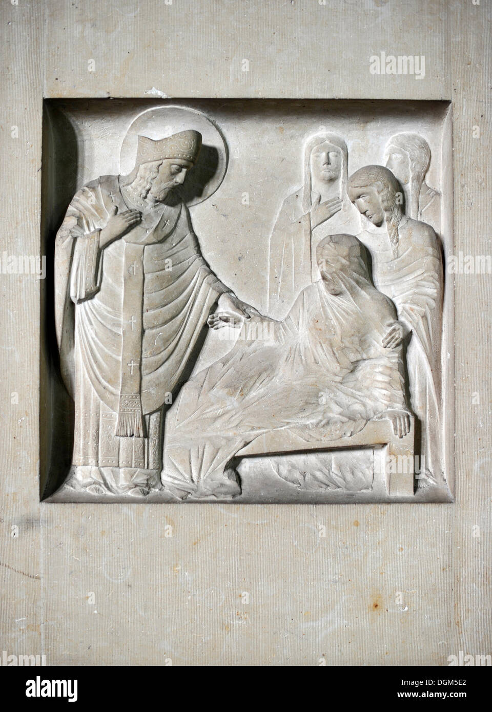 Relief, Bild von St. Remigius Heilung, Saint Remi, Seite Altar, Basilika Saint-Remi, Abteikirche, UNESCO-Weltkulturerbe Stockfoto