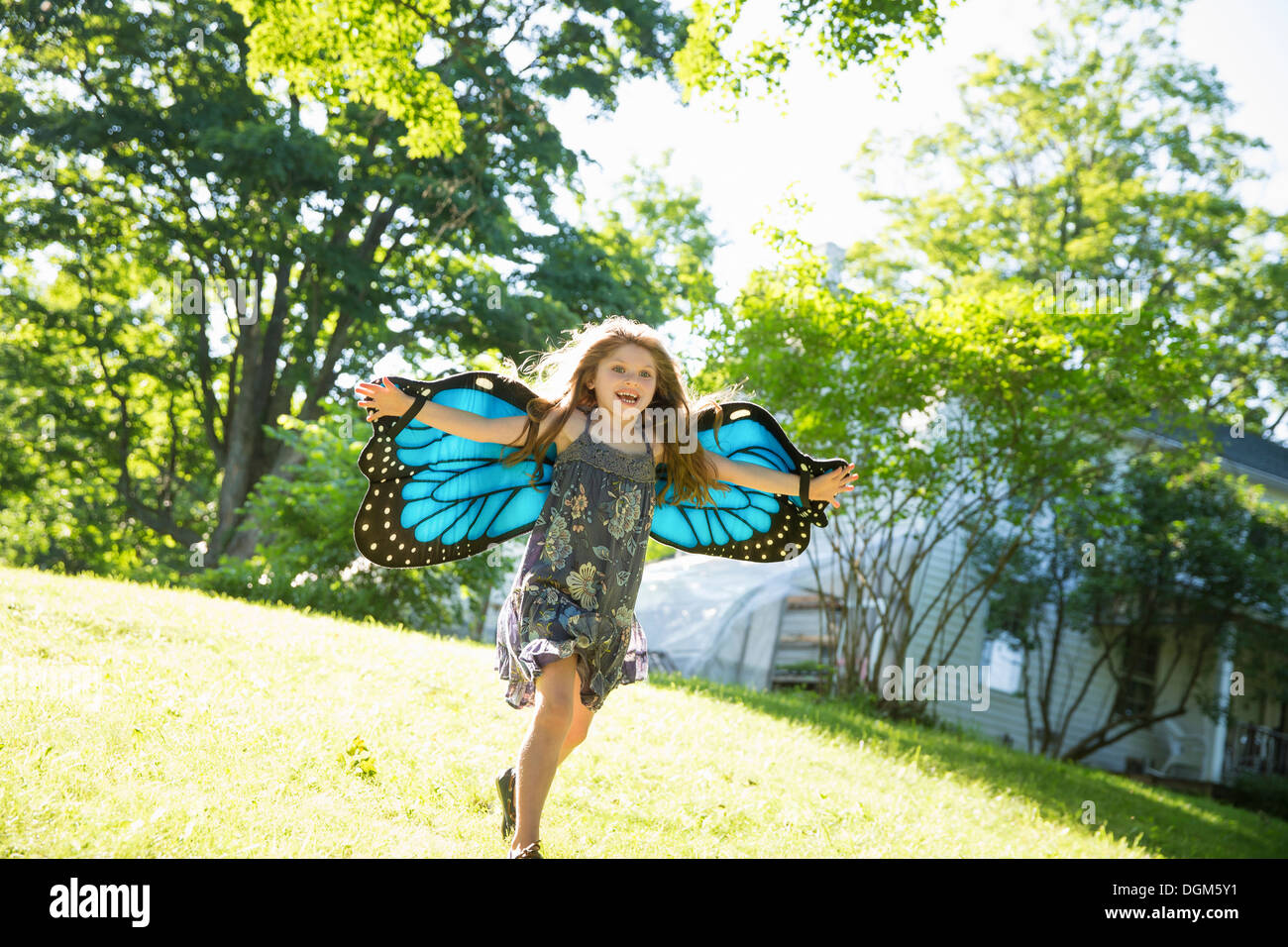 Kind läuft über den Rasen vor Bauernhaus tragen große schillernde blaue Schmetterling Flügel ausgestreckten Arme Stockfoto