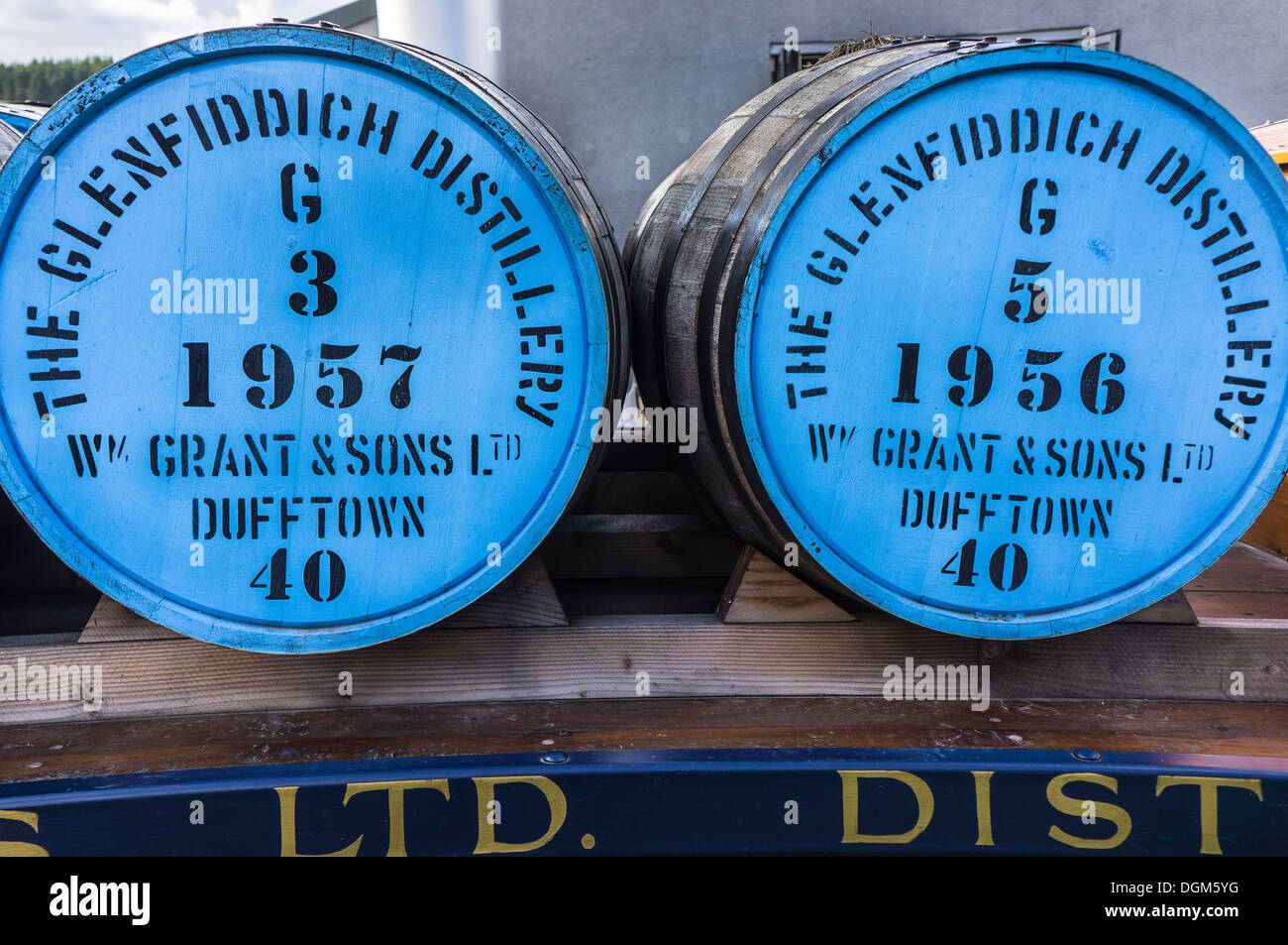 Whisky-Fässern bei Glenfiddich Whisky-Destillerie in Dufftown in Moray, Schottland. Stockfoto