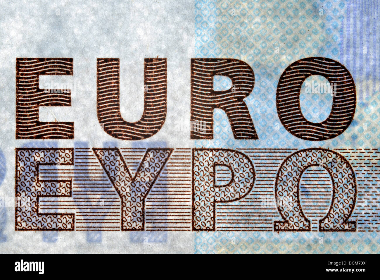 Sicherheitsmerkmale der Banknoten, 20 Euro-Schein, Print, Wertzahlen im Fenster "" Schriftzug EURO angehoben Stockfoto