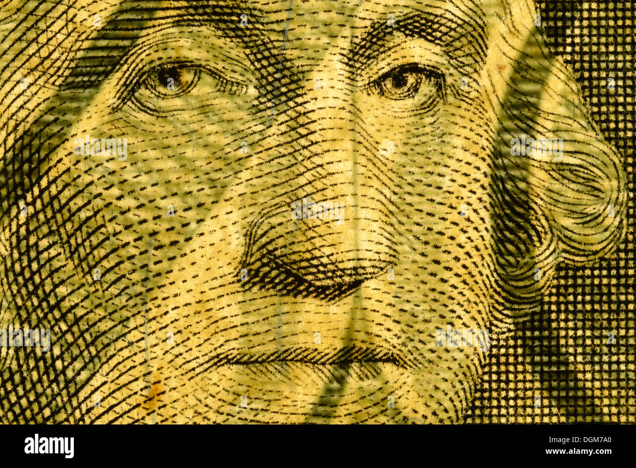 Sicherheitsmerkmale von Banknoten, US-Dollar, eine Dollarnote, George Washington, Porträt Stockfoto