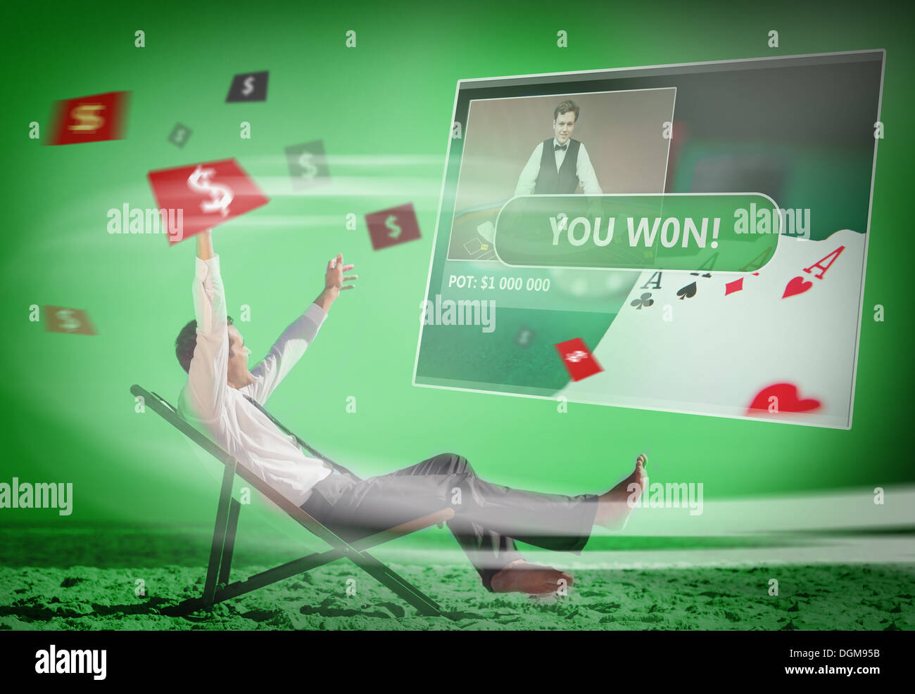 Geschäftsmann, sitzen auf Liegestuhl holografischen Bildschirm im grünen Licht betrachten Stockfoto