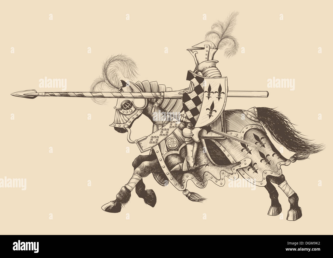 Pferd Ritter des Turniers mit einem Speer an der bereit im Galopp in Richtung des Gegners. Gravur Stockfoto