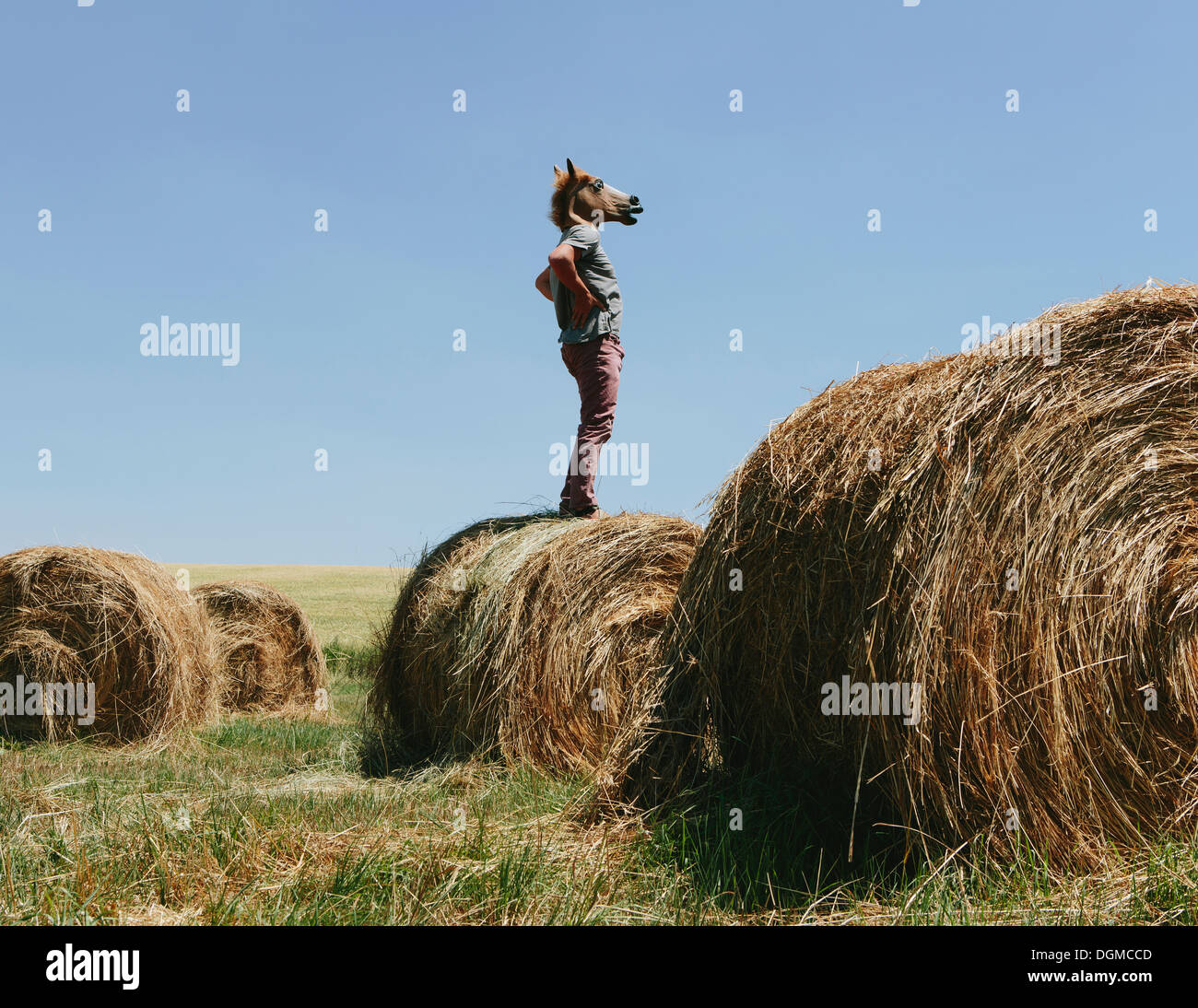 Ein Mann trägt eine Maske Pferd, stehend auf einem Heuballen, Blick über die Landschaft. Stockfoto