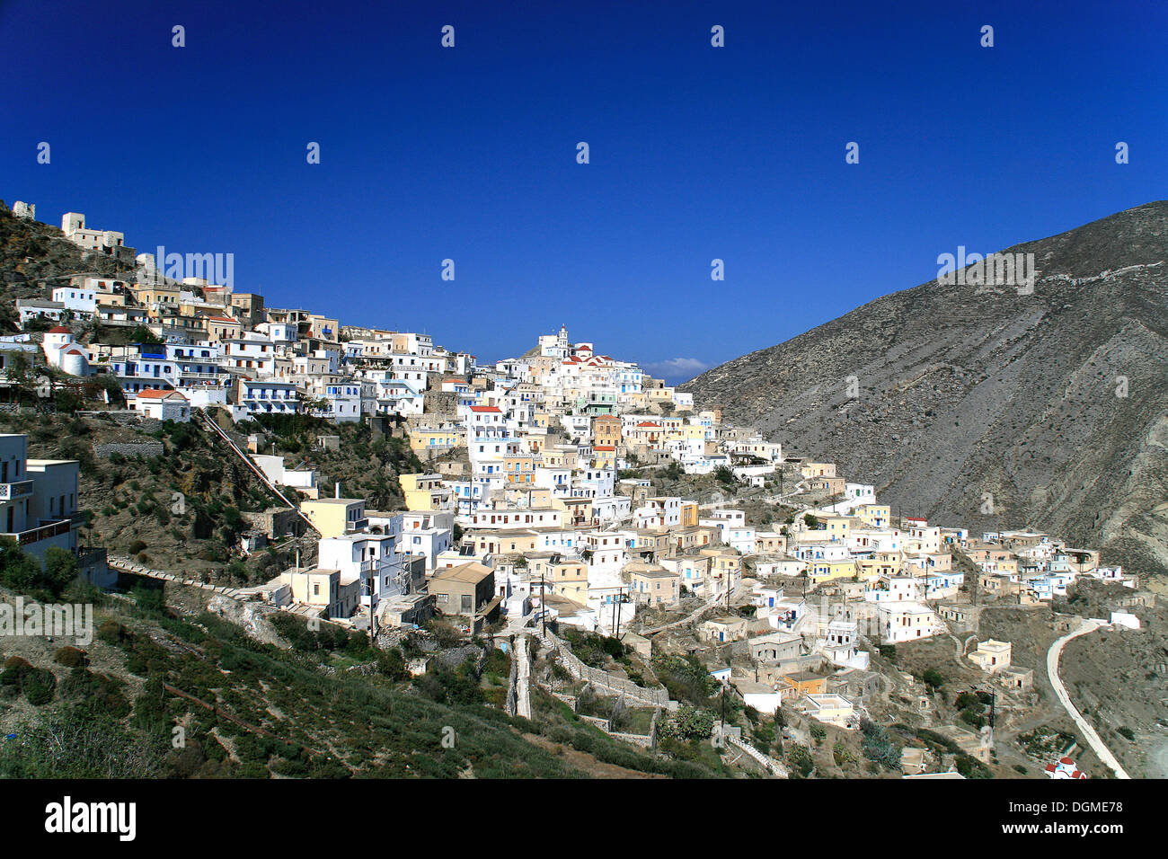 Ansicht von Olympos, Insel Karpathos, Ägäische Inseln, Ägäis, Griechenland, Europa Stockfoto