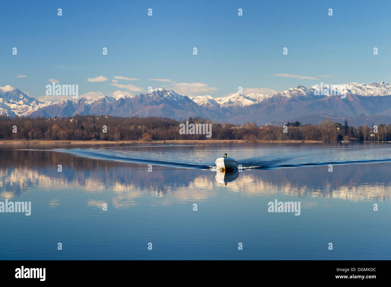 Fischer mit seinem Boot auf dem Lago di Varese, Lago di Varese, mit den Alpen im Rücken, Lago di Varese, Varese, Lombardei / Lombardei Stockfoto