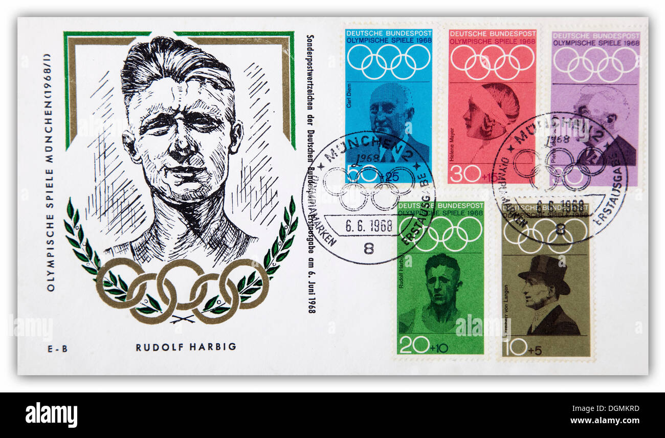 Ersten Tag Abdeckung, München Olympischen Spiele Sondermarke für Rudolf Harbig, 6. Juni 1968 Stockfoto