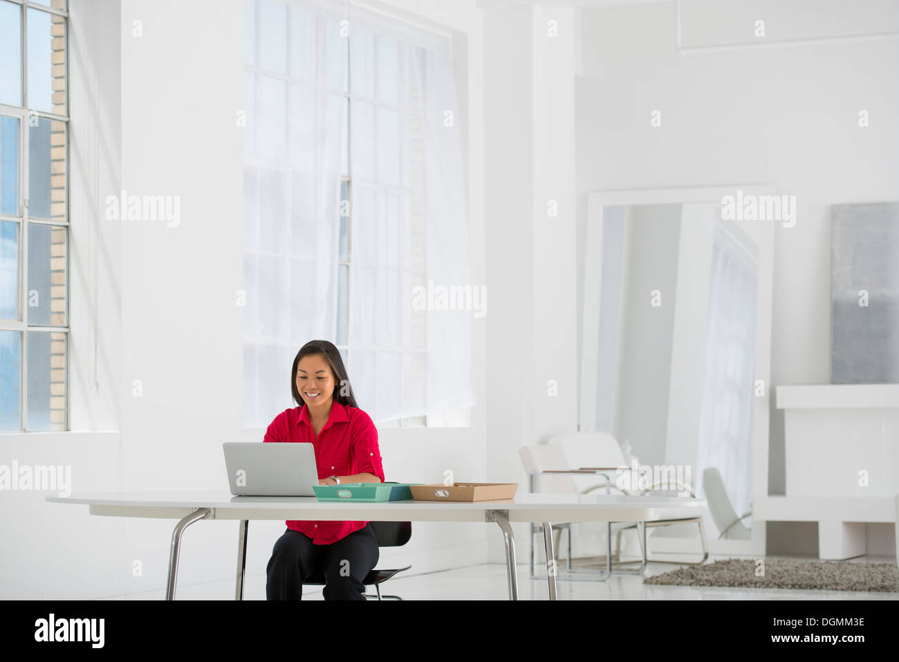 Arbeitsumfeld, hell und luftig. Eine Frau sitzt mit einem Laptop. Stockfoto