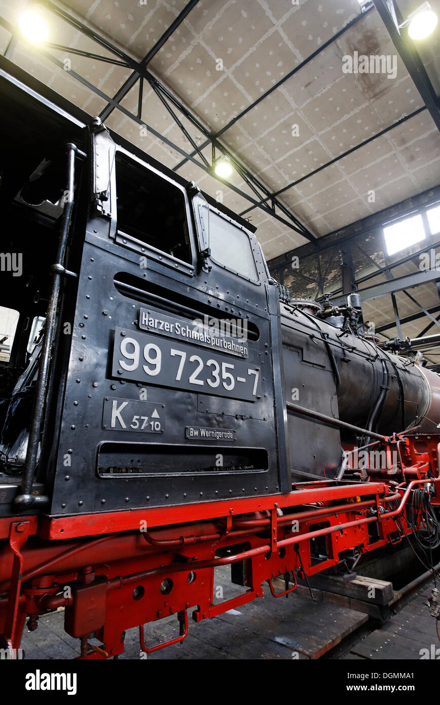 Historische Dampflokomotive in das Werkstattgebäude, Depot des HSB, Harzer Schmalspurbahnen-Schmalspurbahn, Wernigerode Stockfoto