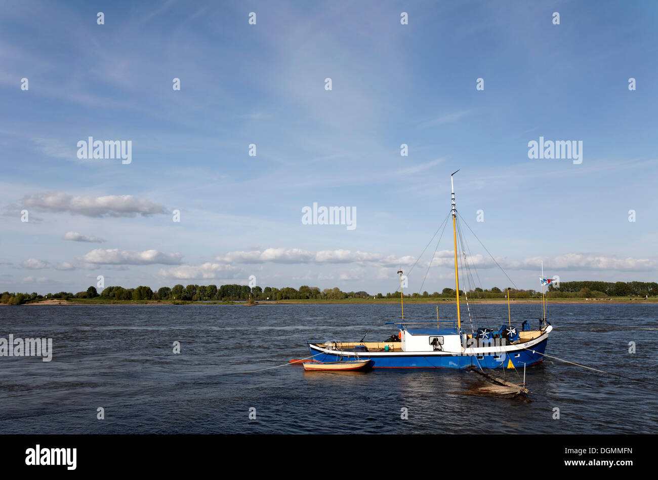 Ein kleines Fischerboot auf dem Rhein, in Kalkar-Grieth, Niederrhein, Nordrhein-Westfalen Stockfoto