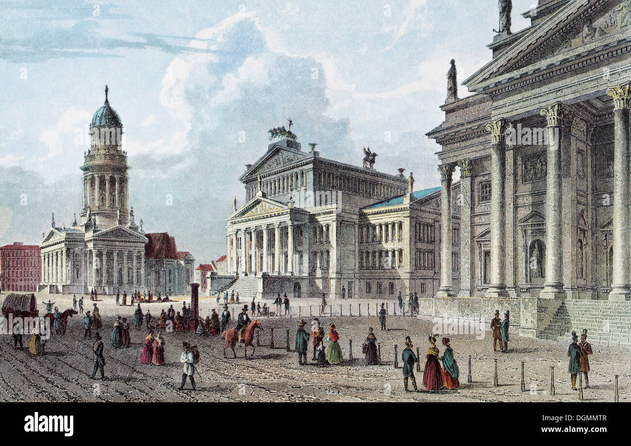 Blick auf Berlin, Gendarmenmarkt quadratisch, ca. 1850, historisches Stadtbild, Stahlstich erstellt im 19. Jahrhundert Stockfoto