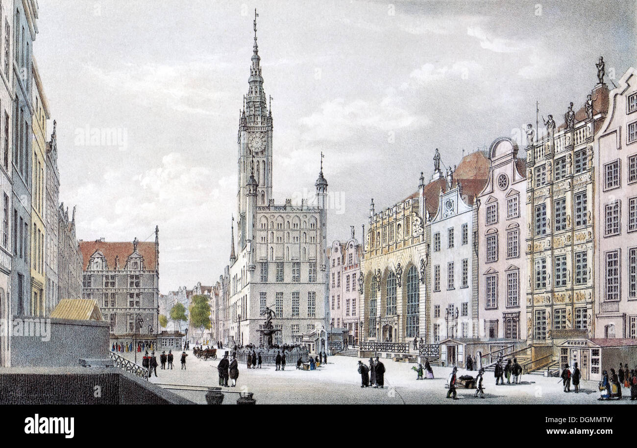 Ansicht von Danzig, lange Marktplatz, um 1850, historisches Stadtbild, Stahlstich erstellt im 19. Jahrhundert, Polen, Europa Stockfoto