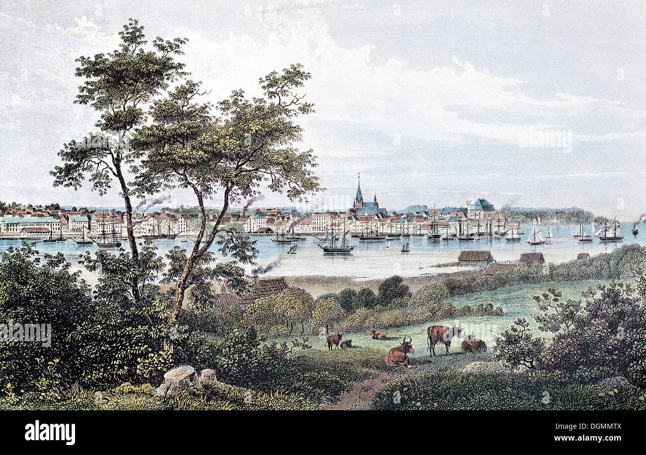 Kiel im Jahre 1855, Blick auf die historische Stadt, Stahlstich aus dem 19. Jahrhundert, Schleswig-Holstein Stockfoto