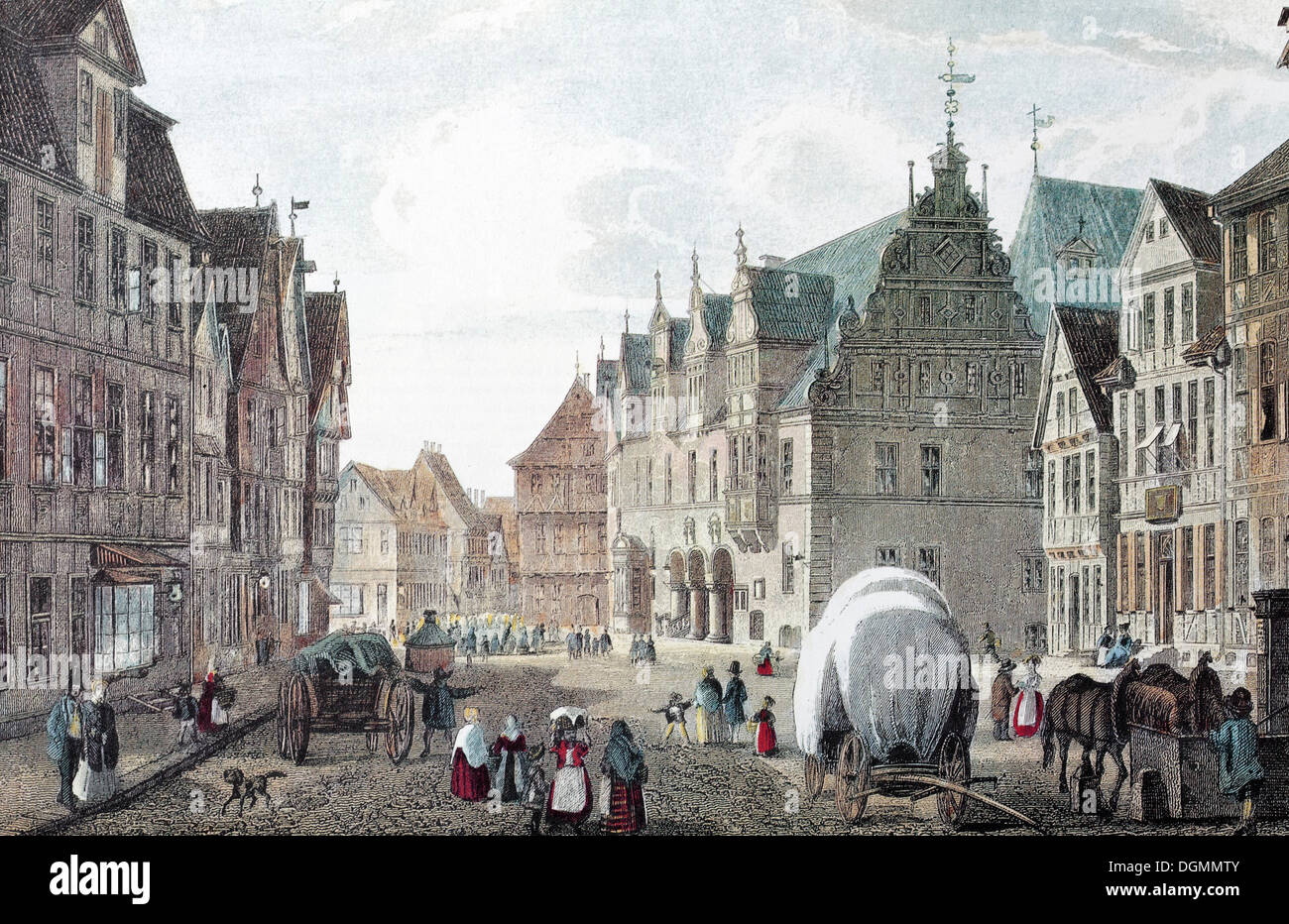 Celle im Jahre 1845, Marktplatz und Rathaus, historische Stadtbild, Stahlstich aus dem 19. Jahrhundert, Niedersachsen Stockfoto