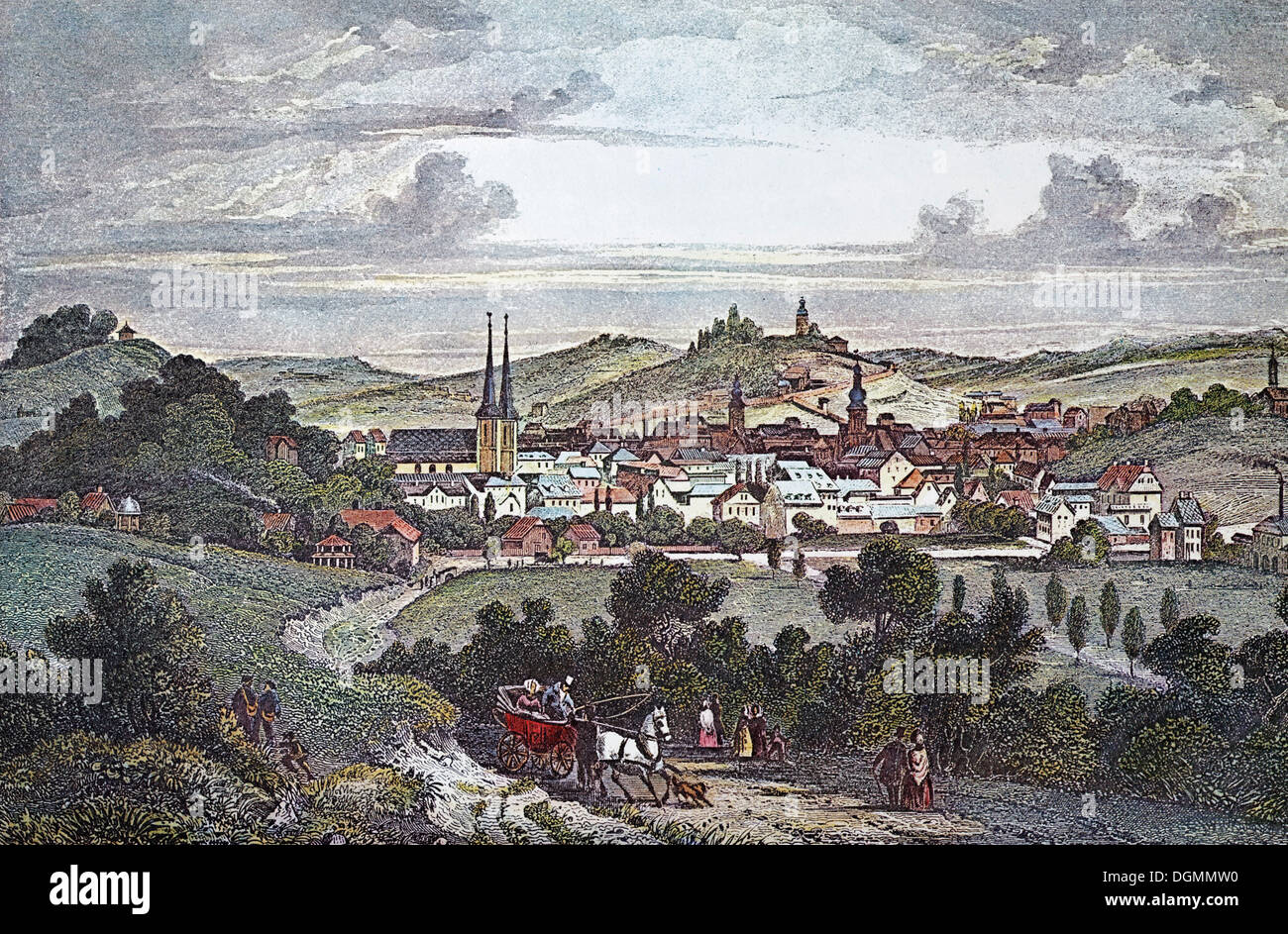 Elberfeld im Jahre 1845, historisches Stadtbild, Stahlstich aus dem 19. Jahrhundert, Wuppertal, Nordrhein-Westfalen Stockfoto