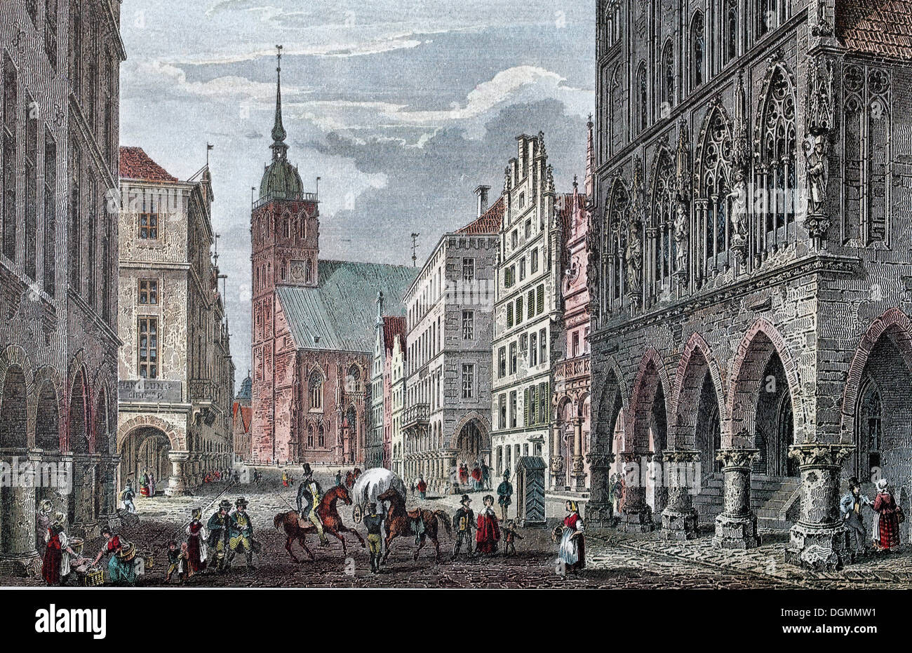 Münster, Prinzipalmarkt Square im Jahr 1850, historisches Stadtbild, Stahlstich aus dem 19. Jahrhundert, North Rhine-Westphalia Stockfoto
