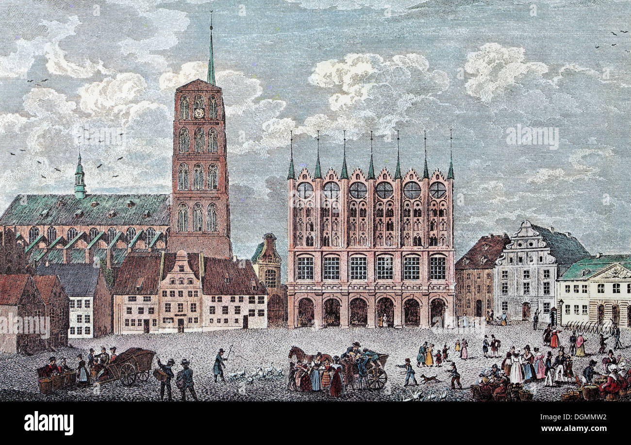 Stralsund im Jahre 1838, Marktplatz Square, historisches Stadtbild, Stahlstich aus dem 19. Jahrhundert, Mecklenburg-Vorpommern Stockfoto