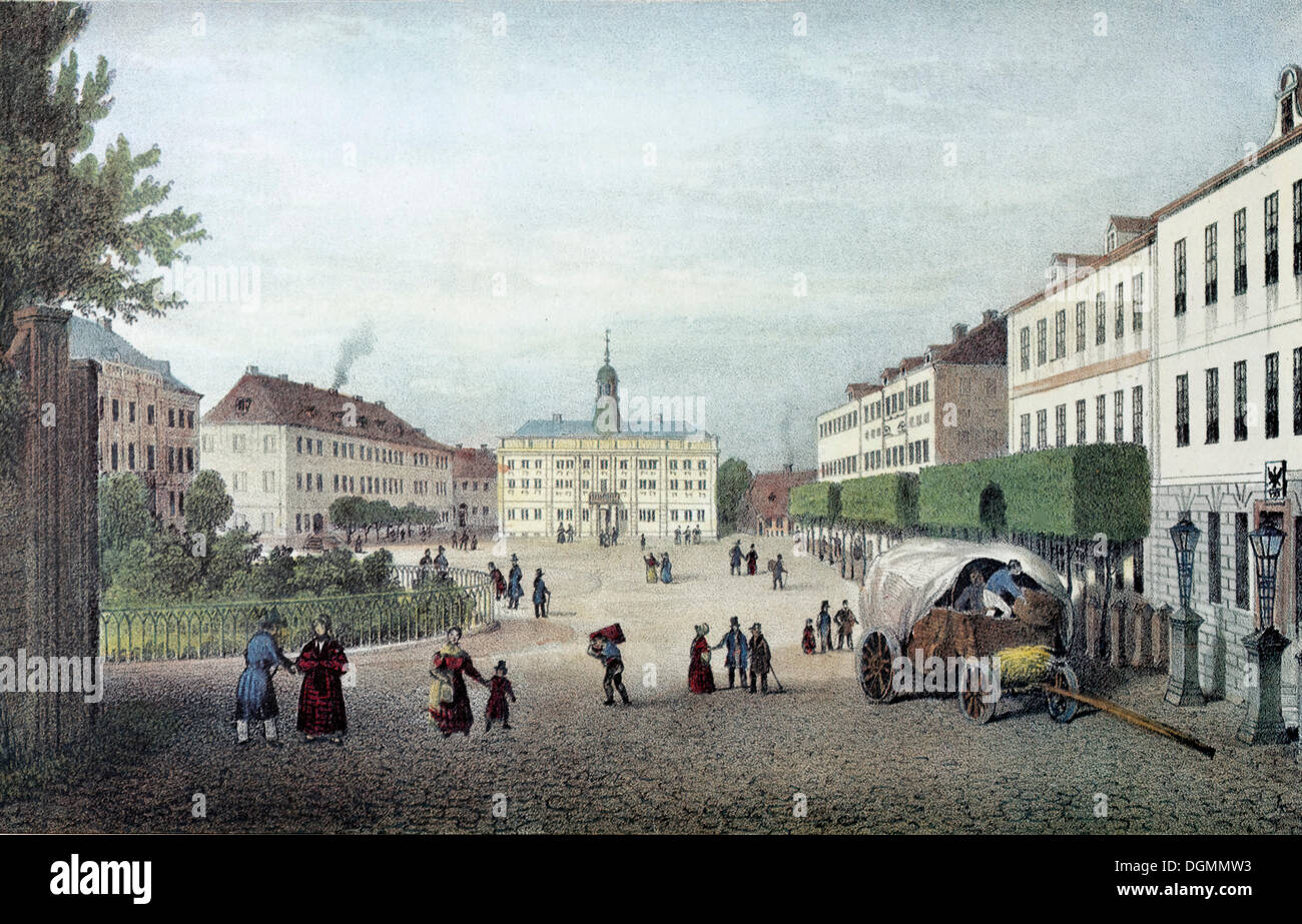 Elbing im Jahre 1840, Friedrich-Wilhelm-Platz, historisches Stadtbild, Stahlstich aus dem 19. Jahrhundert, ehemals Ostpreußen Stockfoto