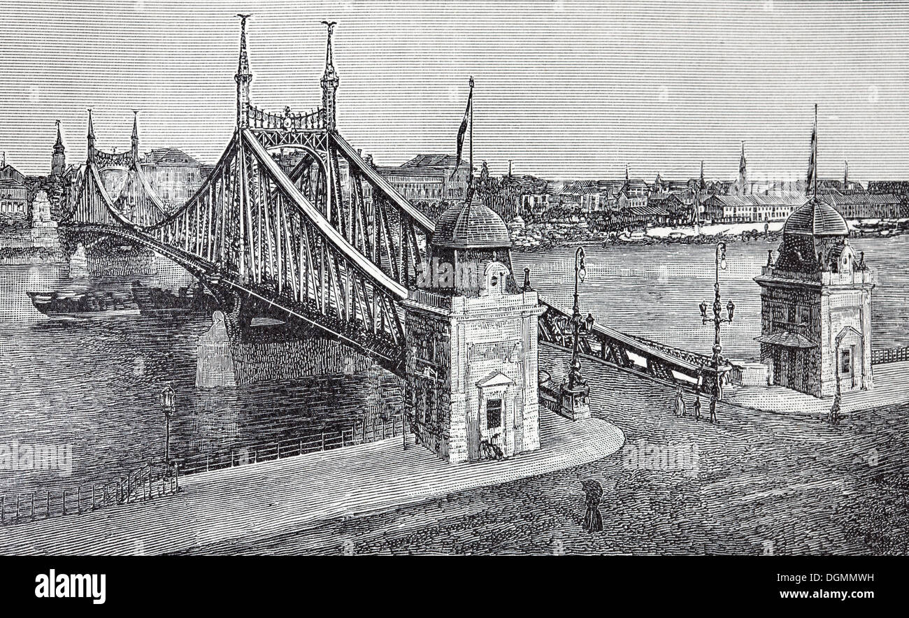 Freiheitsbrücke, ehemals Franz-Josef-Brücke, überqueren die Donau, Budapest, Ungarn, historische Buchillustration Stockfoto