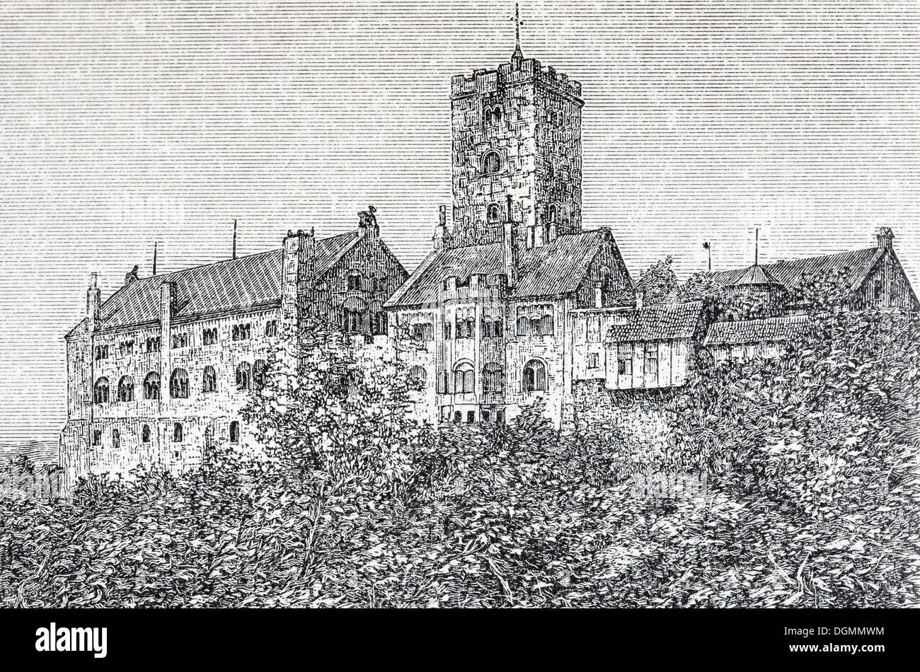 Die Wartburg, Thüringen, Deutschland, historische Buchillustration aus dem 19. Jahrhundert, Stahlstich Stockfoto