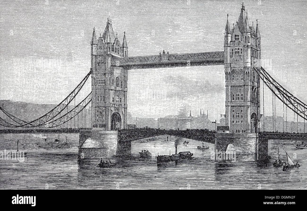 Tower Bridge über die Themse, London, Vereinigtes Königreich, historische Buchillustration aus dem 19. Jahrhundert, Stahlstich Stockfoto