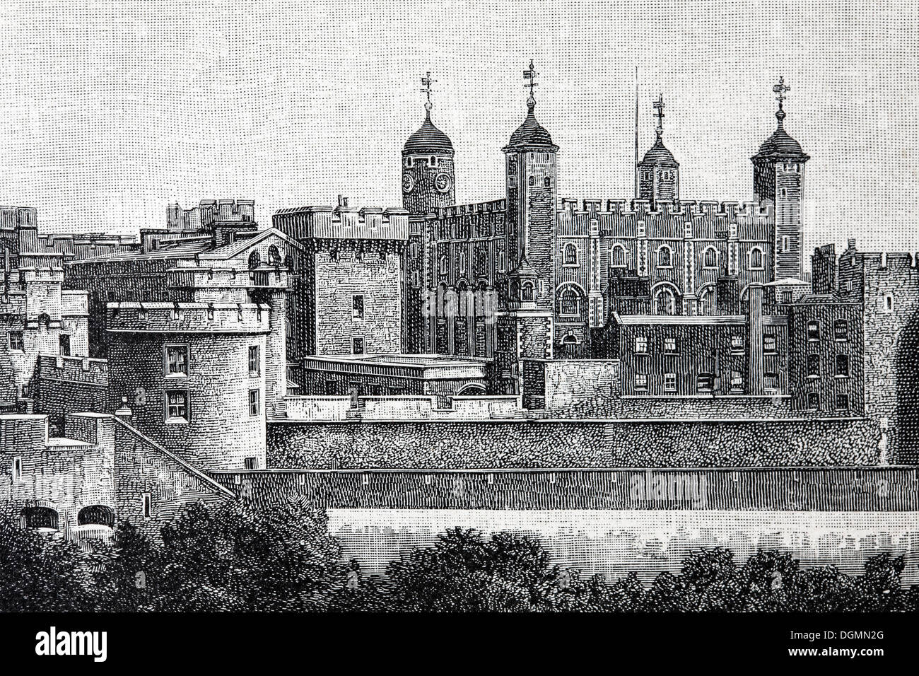 Tower von London, Großbritannien, historische Buchillustration aus dem 19. Jahrhundert, Stahlstich Stockfoto