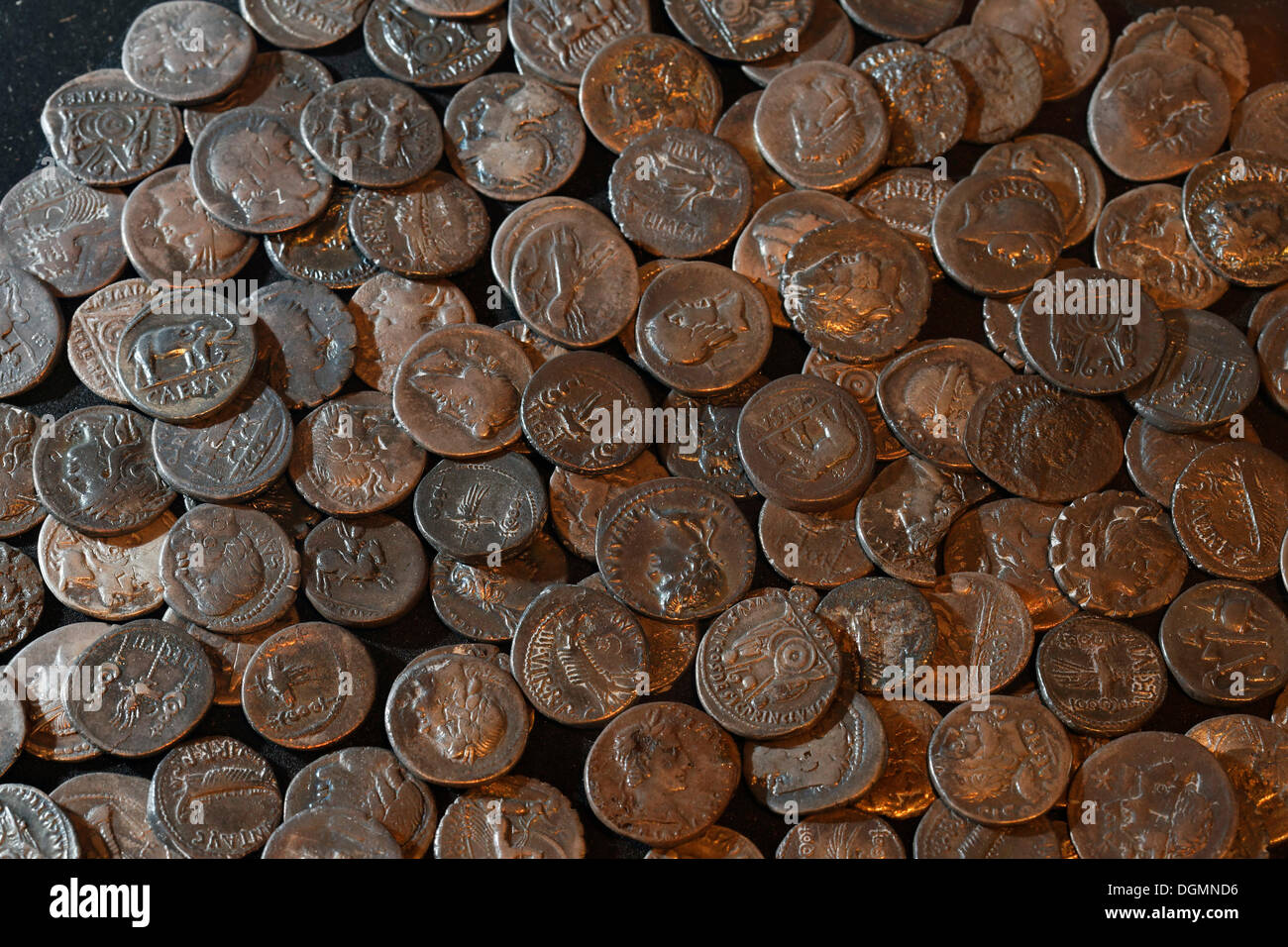 Römische Münzen, Varusschlacht oder Schlacht der Varusschlacht, Kalkriese Museum und Park, Osnabrücker Land/Region, Niedersachsen Stockfoto