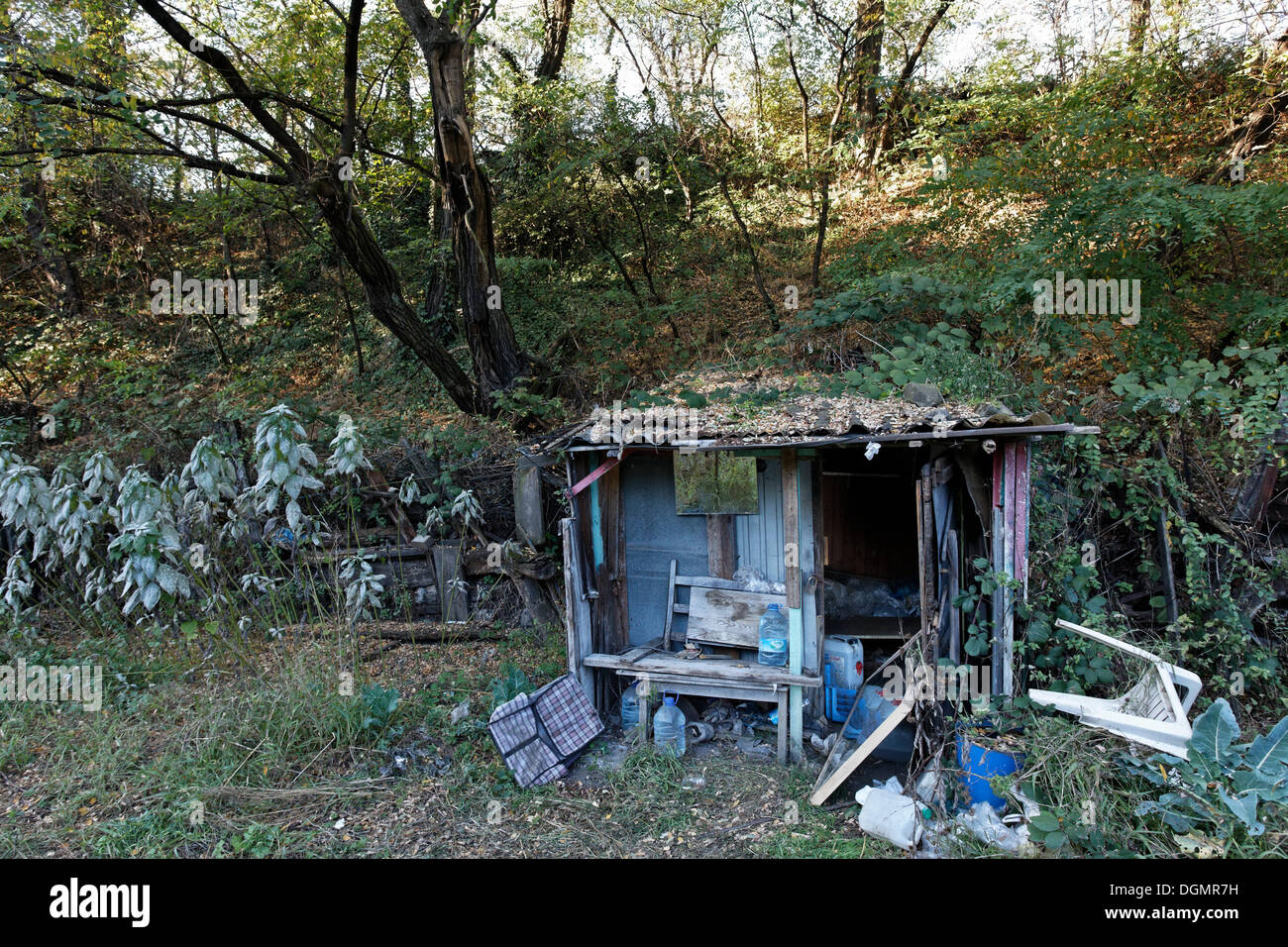 Verlassene Hütte der wilden kleinen Zuteilung Garten, Nachbarschaft Sanierung, Projekt grünes Band, Duisburg-Bruckhausen Stockfoto