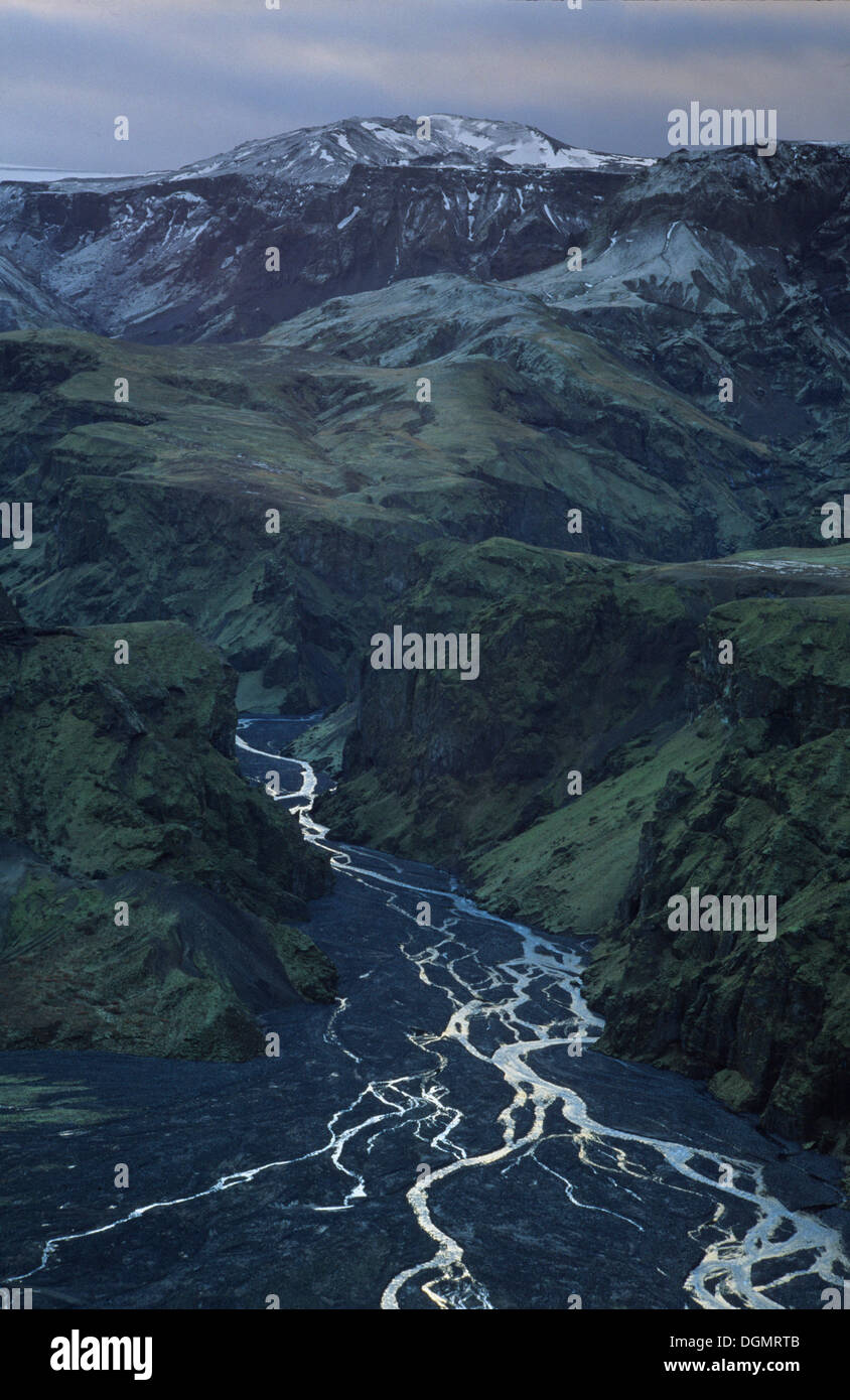 Gewundenen Hvanná Fluss, Hvannárdalur, Þórsmoerk, South Island, Island, Europa Stockfoto