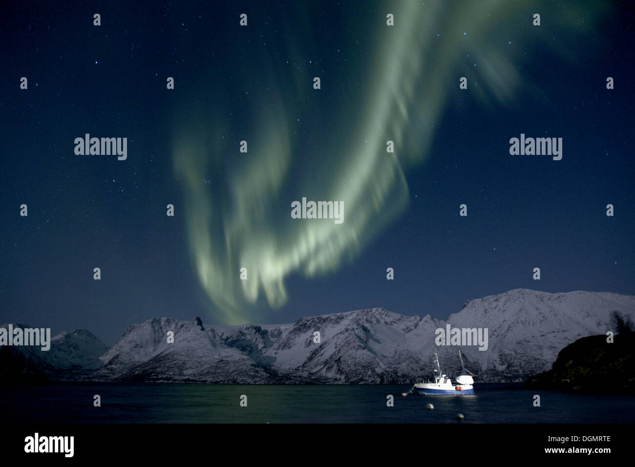 Polarlichter (Aurora Borealis), über Oksfjorden, Fruvik, Oksfjord, Loppa, Finnmark, Norwegen, Europa Stockfoto