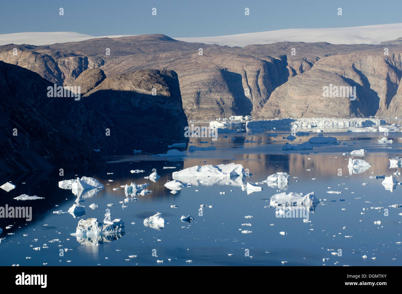 Eisberge im Fjord von Nordvestfjorden, grönländischen Eiskappe auf der Rückseite, Scoresbysund, Nordost-Grönland-Nationalpark Stockfoto