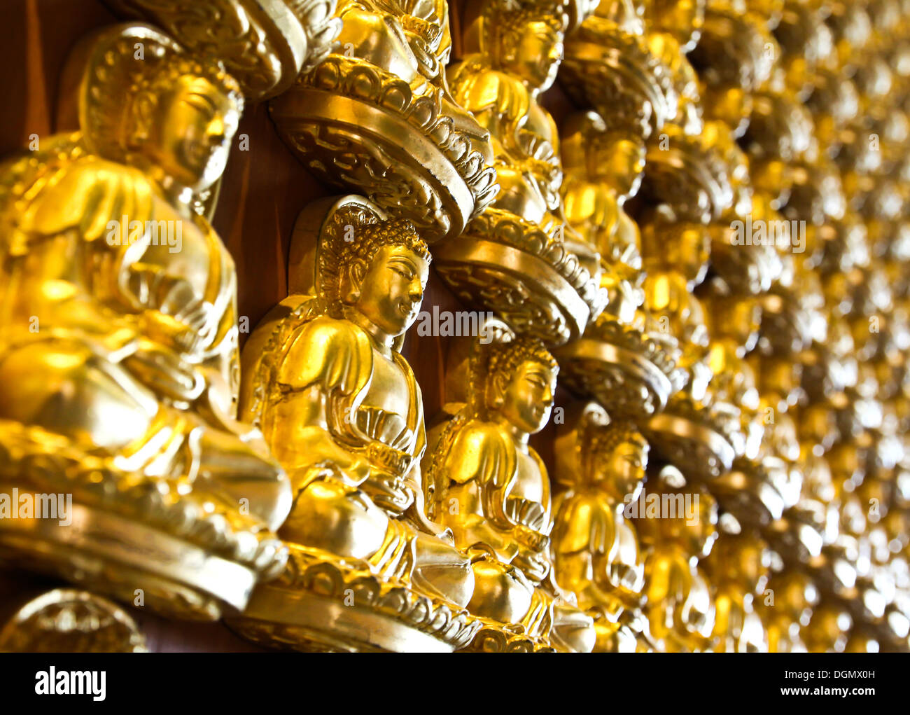 Viele kleine Buddha-Statue an der Wand im chinesischen Tempel, Thailand Stockfoto