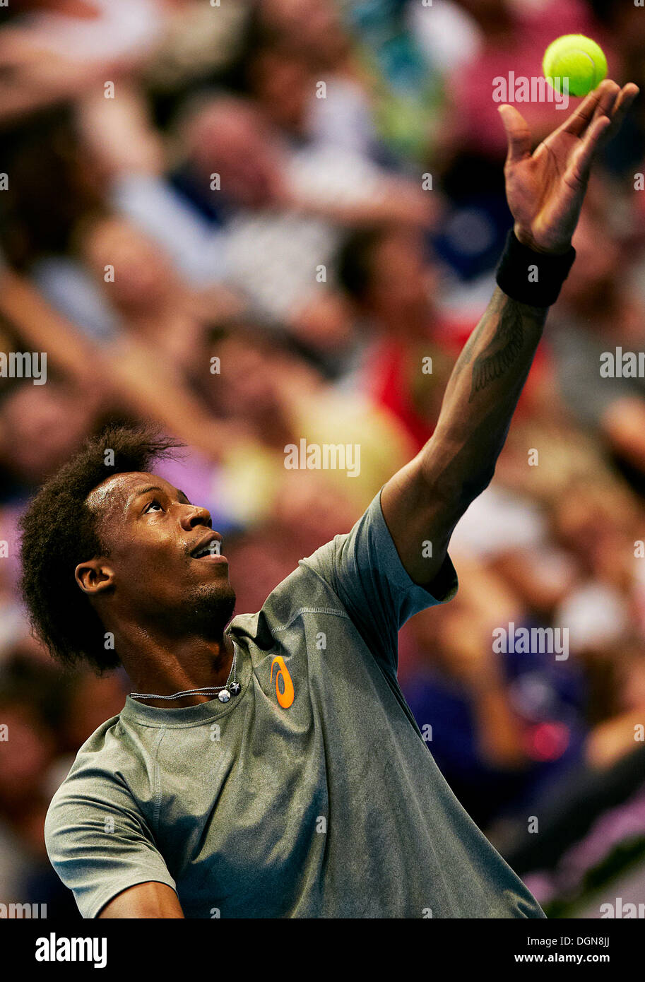 Valencia, Spanien. 23. Oktober 2013.  Gael Monfils Frankreichs dient den Ball gegen David Ferrer Spaniens während des Spiels zwischen David Ferrer von Spanien und Gael Monfils Frankreichs während der Valencia Open 500 Tennisturnier auf der Agora-Gebäude-Kredit: Action Plus Sport Bilder/Alamy Live News Stockfoto