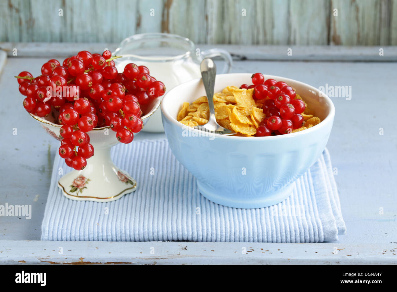 gesundes Frühstück-Müsli-Mais mit roten Johannisbeeren (in blau ...