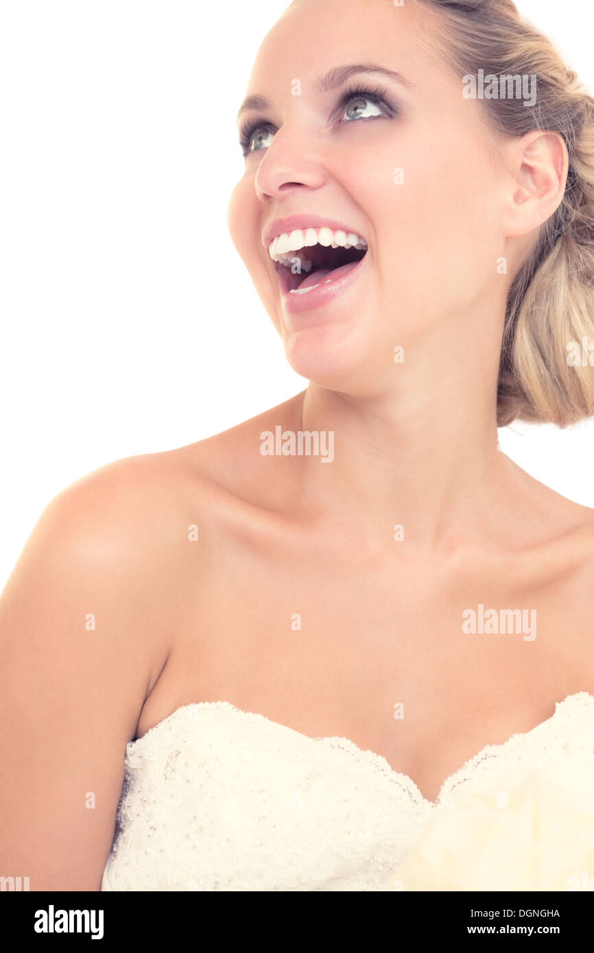 Fröhliche hübsche Braut lachen Stockfoto