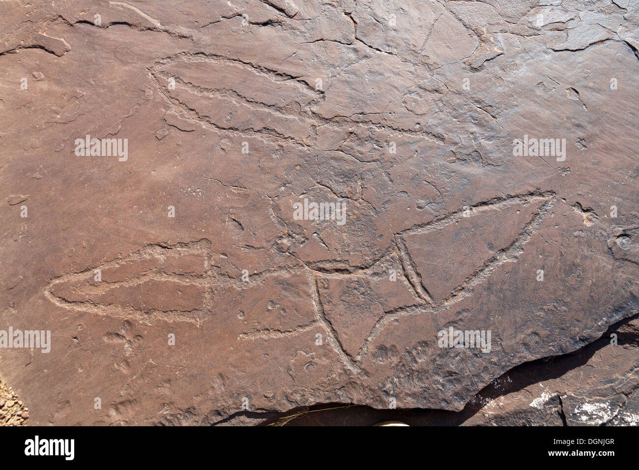Prähistorische Felszeichnungen in Oukaimeden Skigebiet im hohen Atlas-Gebirge in Marokko Stockfoto