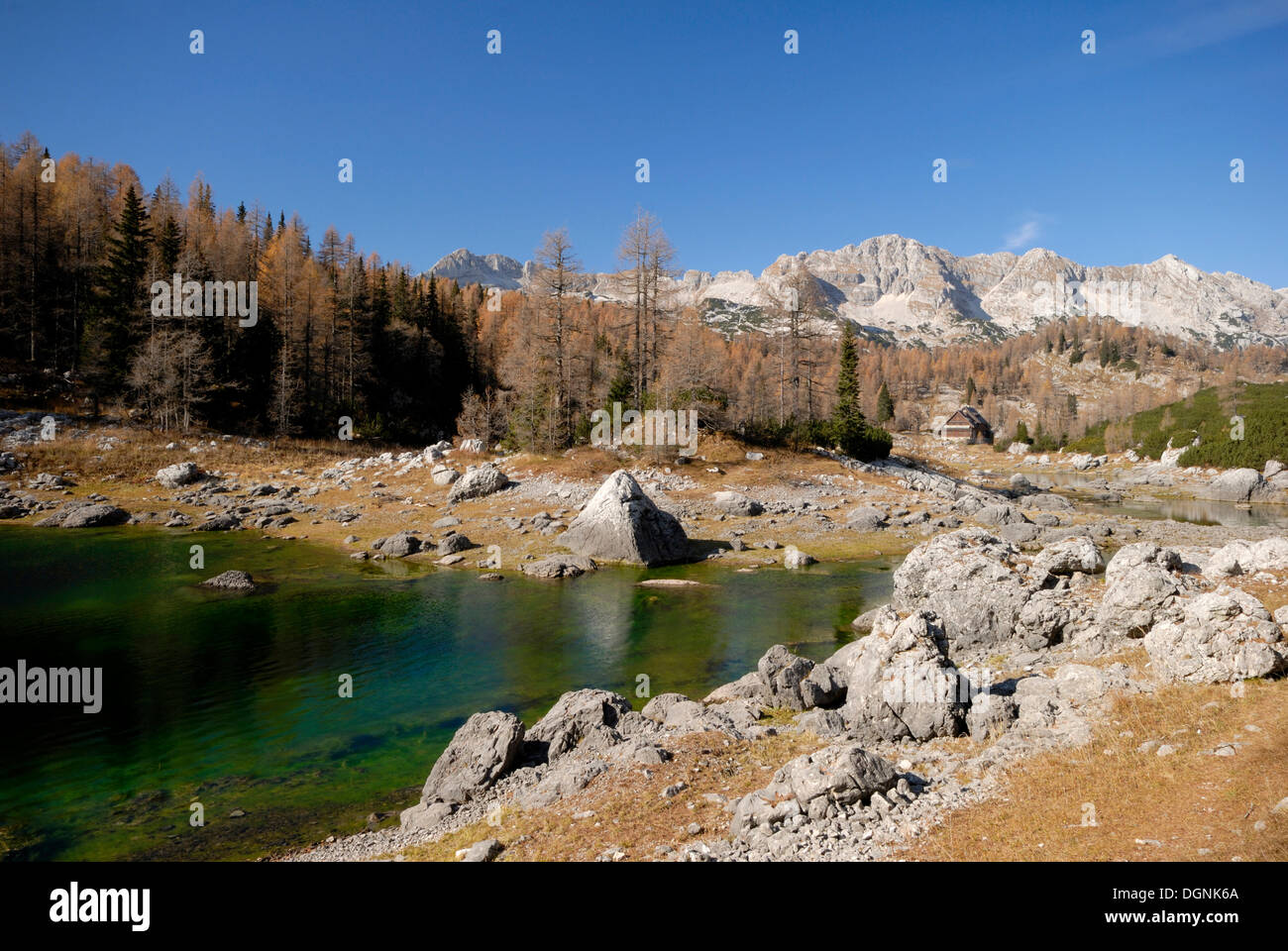 Sieben Seen Almhütte in den Julischen Alpen im Herbst, Nationalpark Triglav, Slowenien, Europa Stockfoto